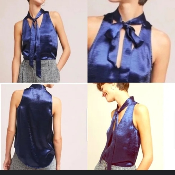 Maeve by Anthropologie Tops - Maeve Anthropologie Navy Blue Silky Satin Tie Neck Sleeveless Blouse Women's